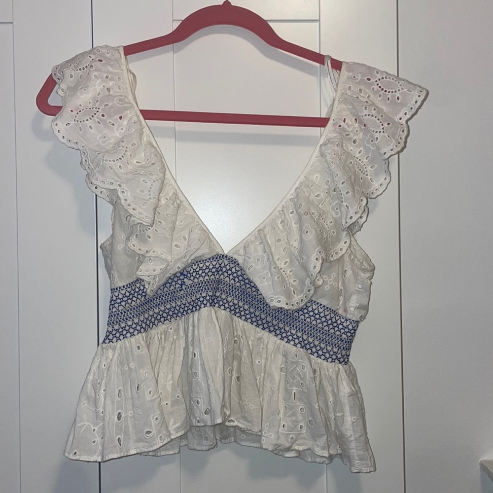 ZARA white and blue eyelet shirt